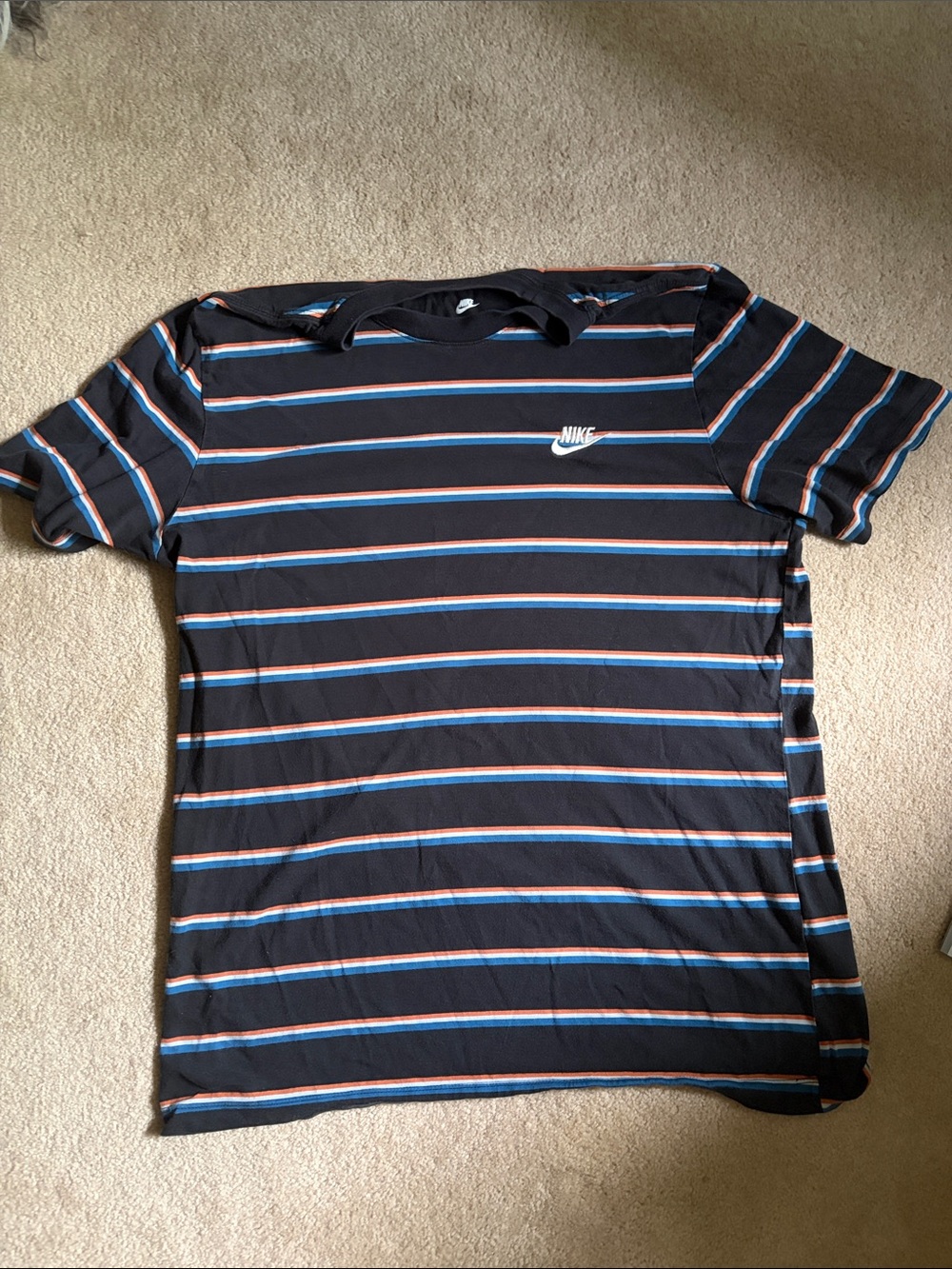 Nike Men’s Black Crew Neck T-Shirt with Blue and Orange Stripes